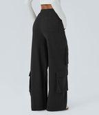 Pantalon cargo décontracté large à cordon côtelé, taille mi-haute, avec poches