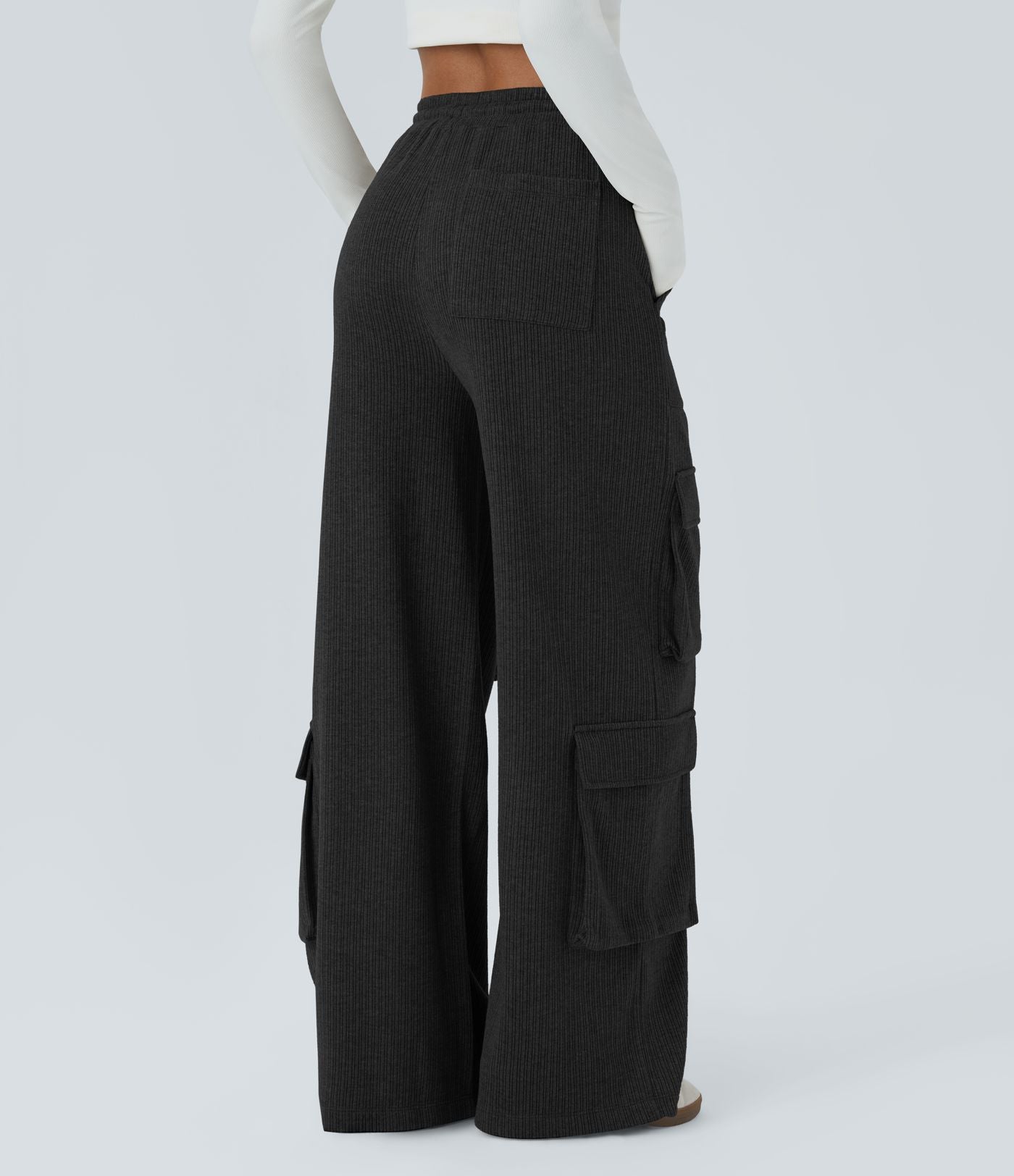 Pantalon cargo décontracté large à cordon côtelé, taille mi-haute, avec poches