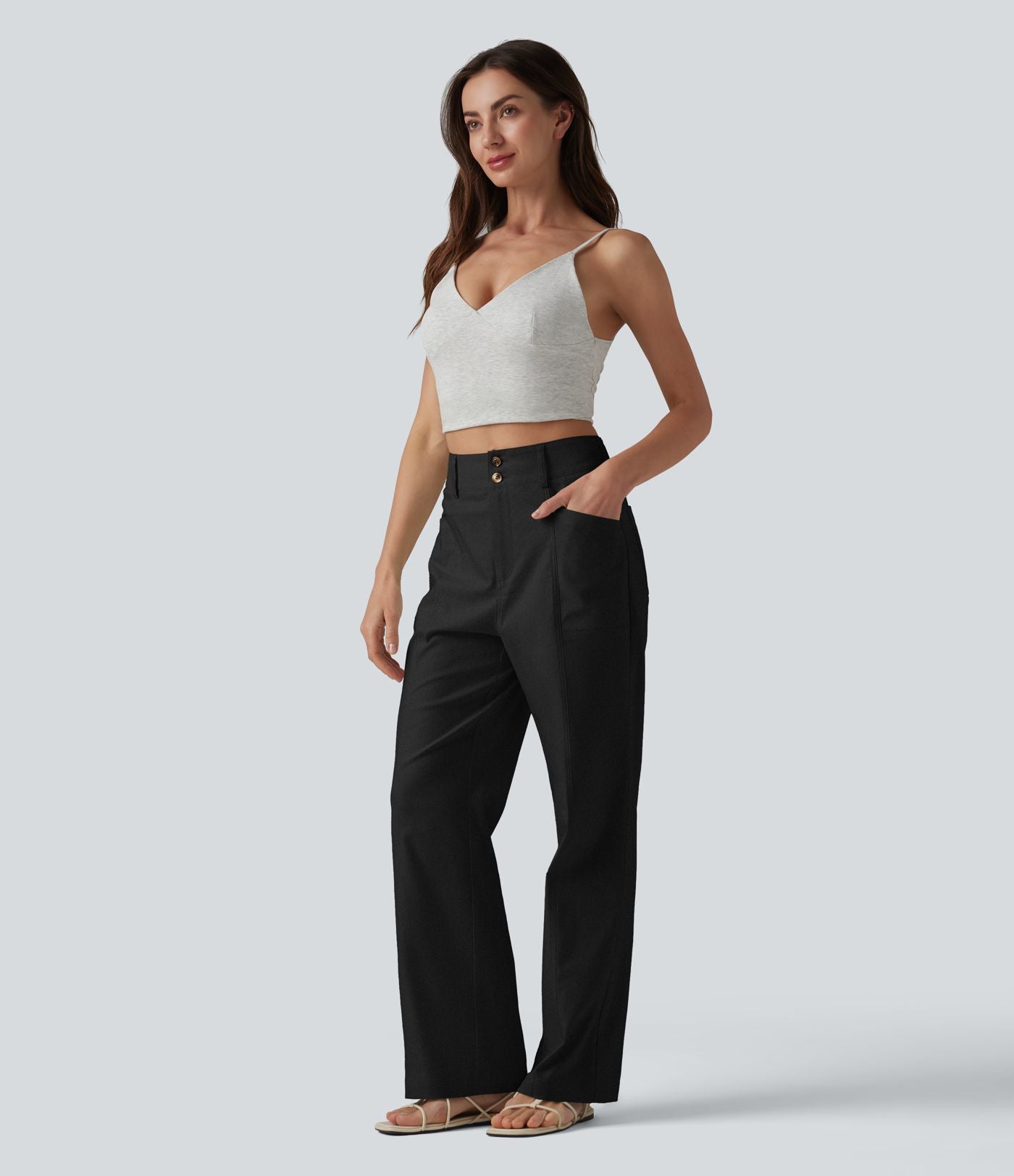 Pantalon droit décontracté en coton et lin taille haute avec poches