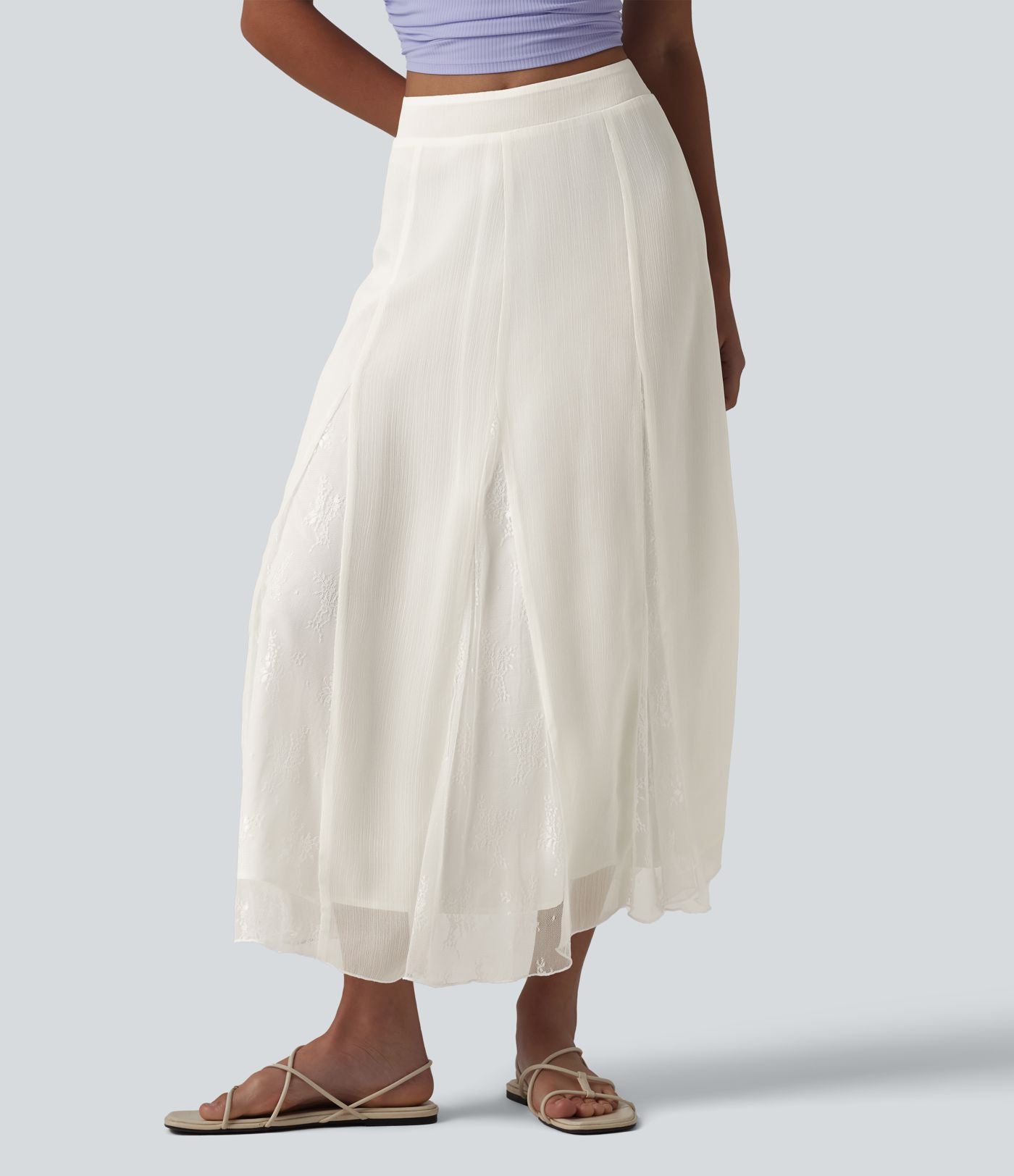 Jupe midi fluide taille haute en mousseline avec dentelle contrastée et fermeture éclair invisible