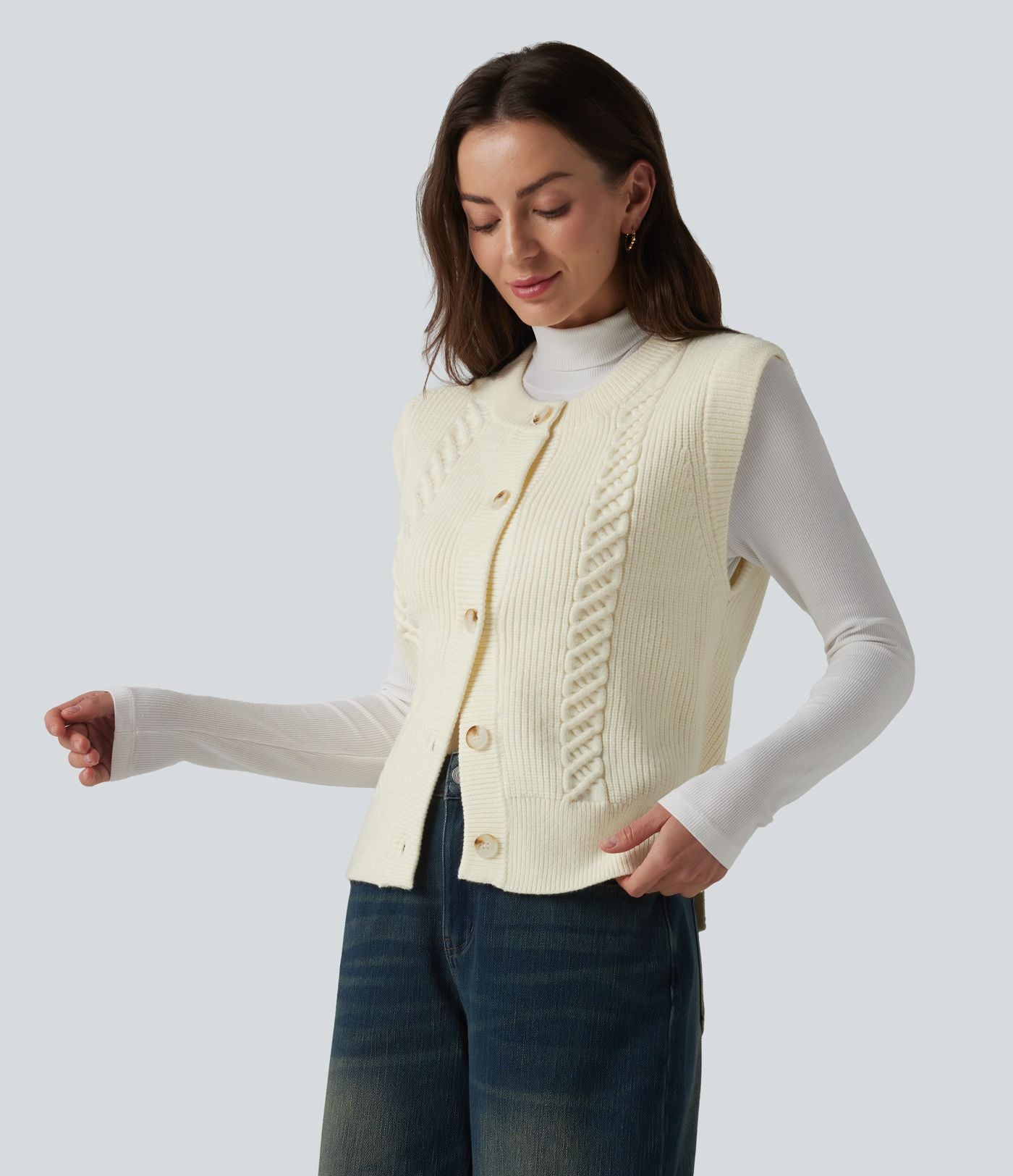 Gilet casual col rond ourlet fendu boutonnage devant