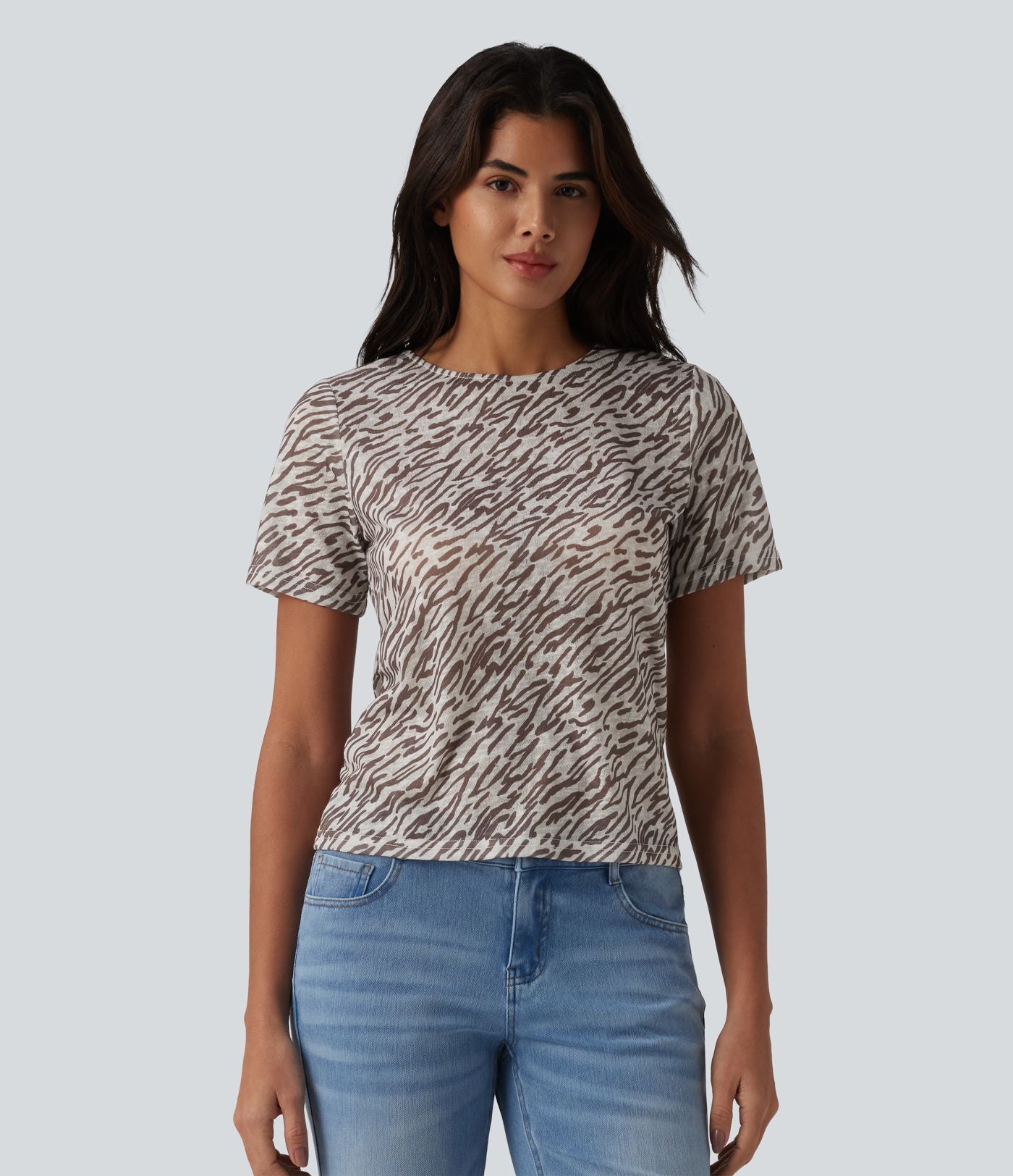 T-shirt casual imprimé zèbre col rond à manches courtes