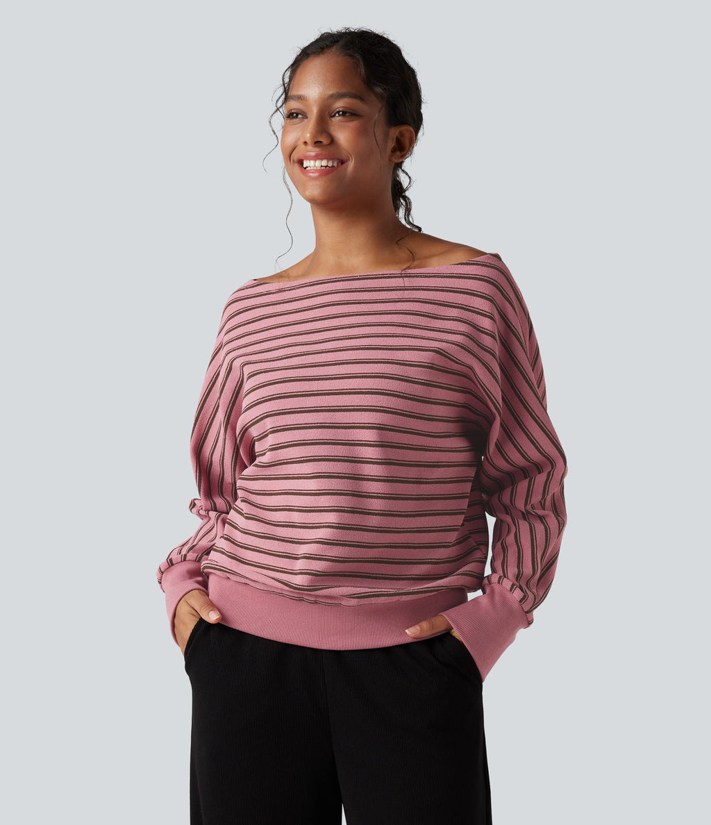 Sweat-shirt rayé épaules dénudées manches longues coupe décontractée