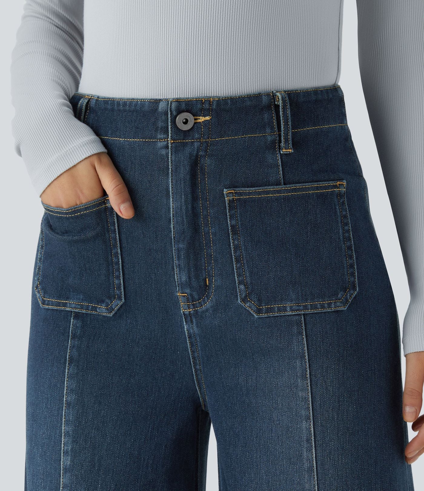 Halara Flex™ Jean large Palazzo et Taille Haute avec Poches Avant en Tricot Extensible Lavé