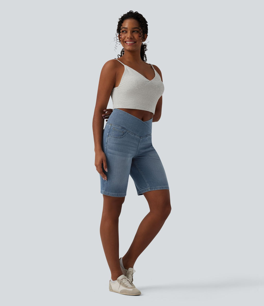 Short en jean Halara Flex™ casual gainant taille haute croisée avec poches