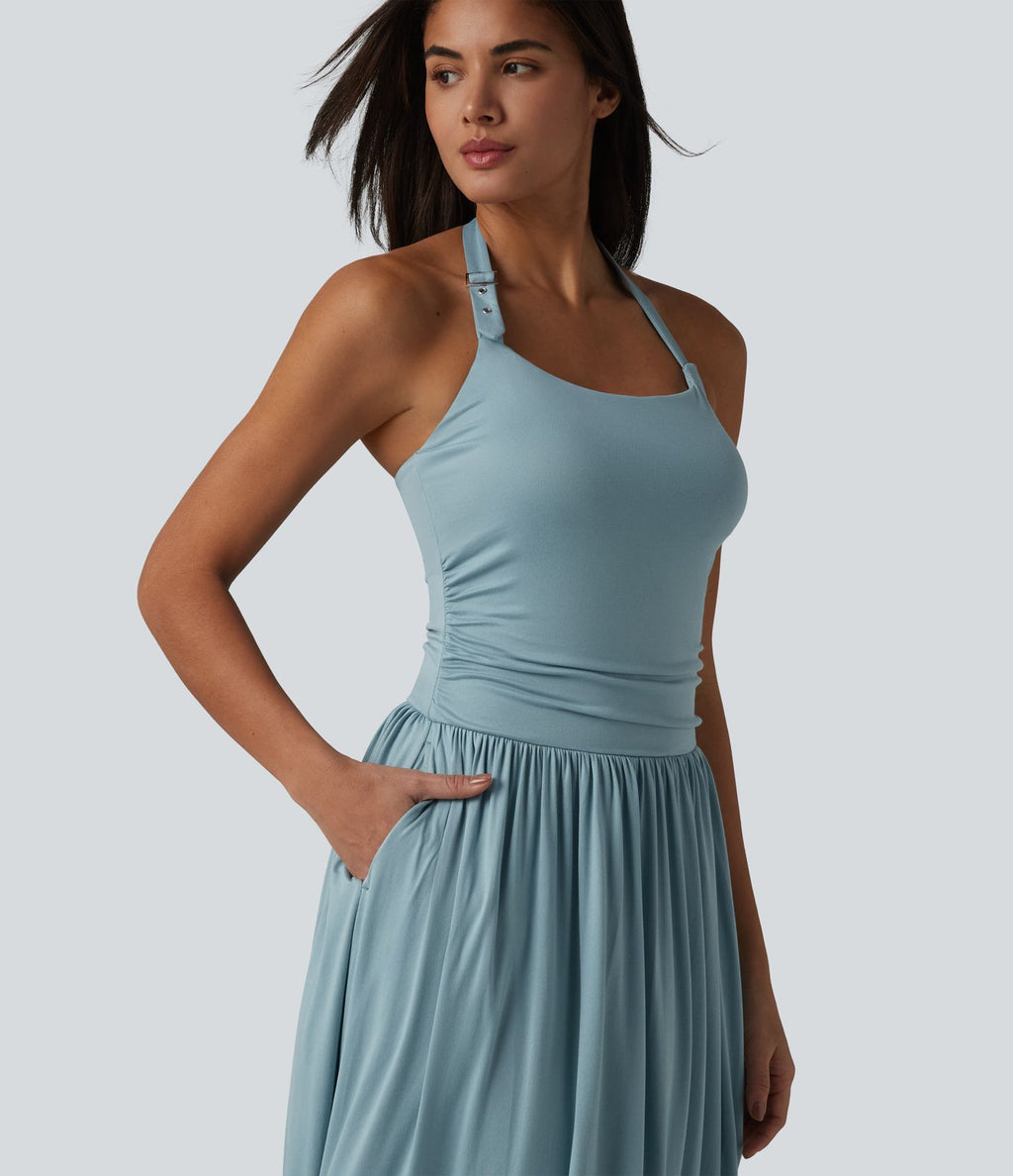 Robe longue fluide dos nu avec tour de cou, brassière intégrée et poches