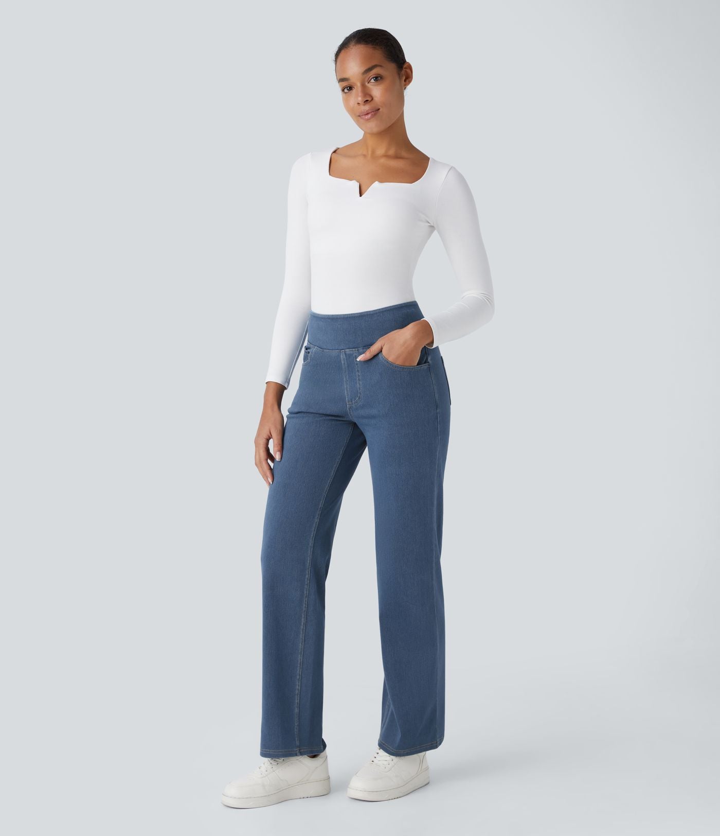 Halara Flex™ Jean Droites Travail en Maille Extensible Taille Haute Plusieurs Poches