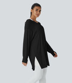 Sweatshirt Casual à Capuche Encolure en V Cordon de Serrage Trou pour le Pouce Fente et Coupe Longue