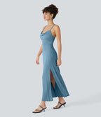 Robe Soirée Midi Encolure Côtelée Dos Nu Lacets Croisés Fendue