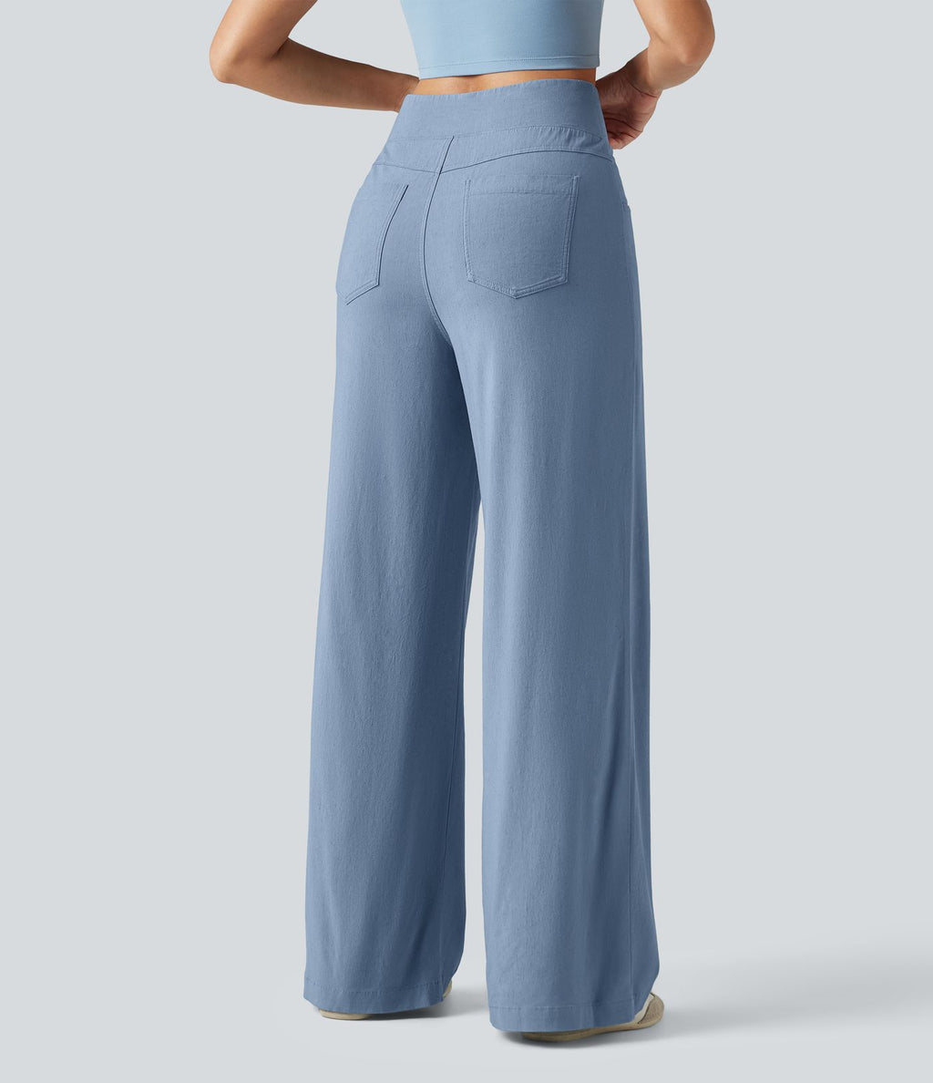 Pantalon large fluide décontracté en lin stretch taille haute gainant avec poches
