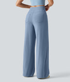 Pantalon large fluide décontracté en lin stretch taille haute gainant avec poches