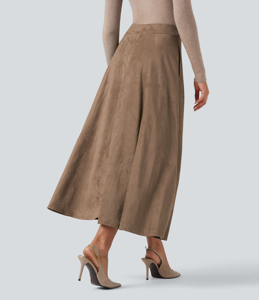 Jupe mi-longue évasée daim taille haute avec poches