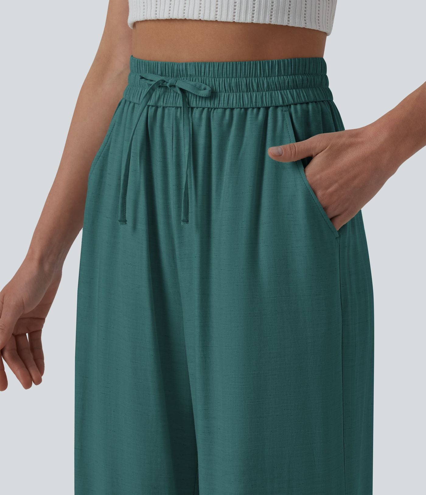 Pantalon casual large fluide mélange lin taille haute avec cordon de serrage et poches