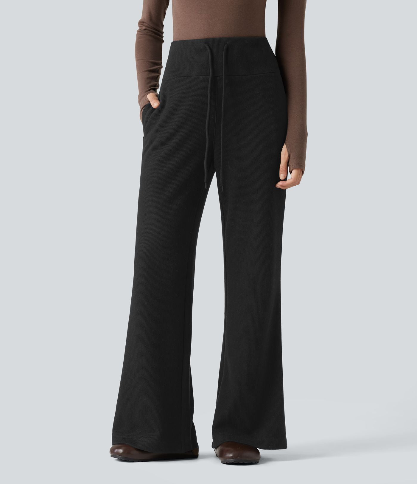 Pantalon large fluide côtelé taille haute avec cordon de serrage et poches