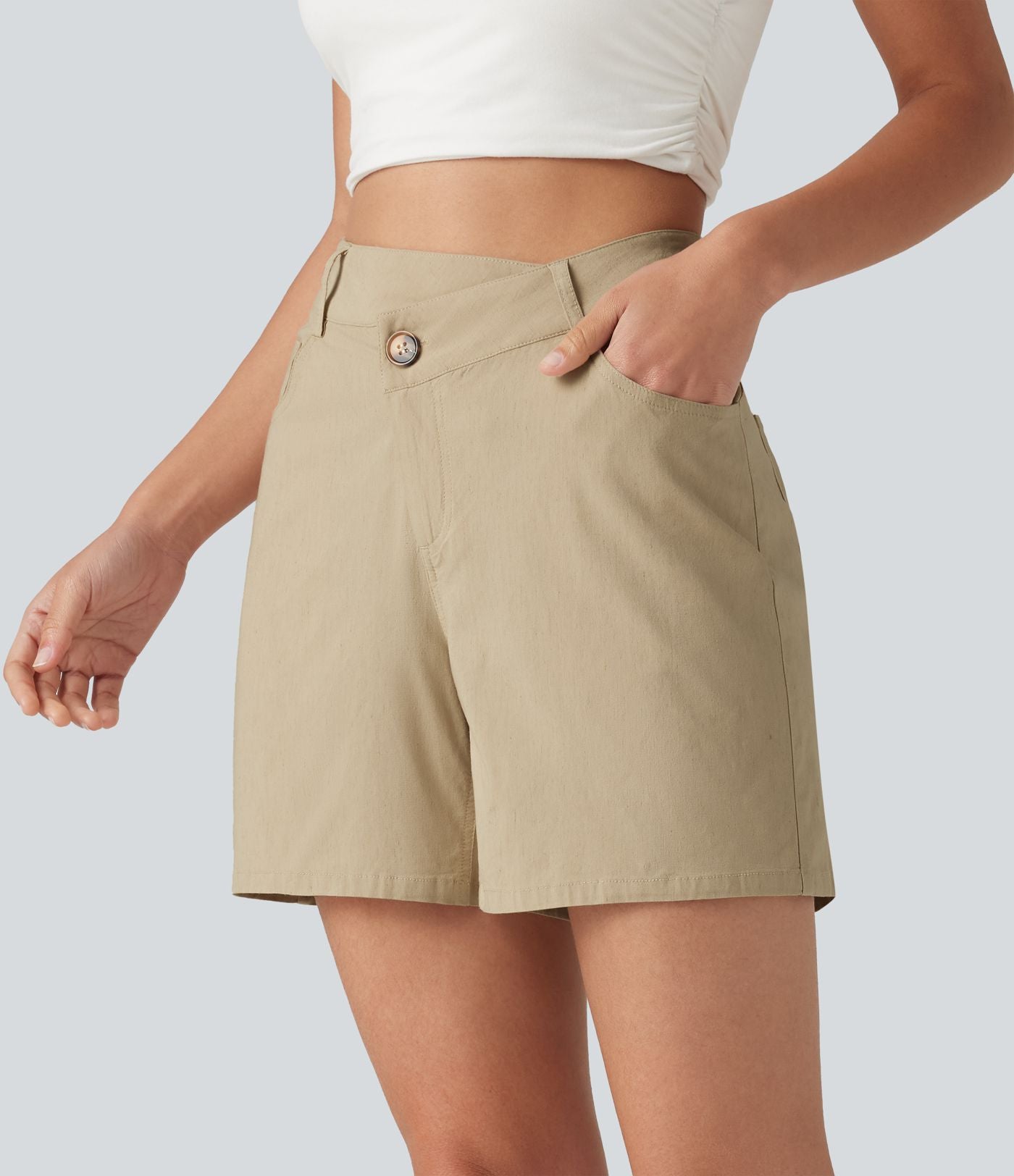 Short taille haute croisé décontracté en lin stretch 12,5 cm avec poches