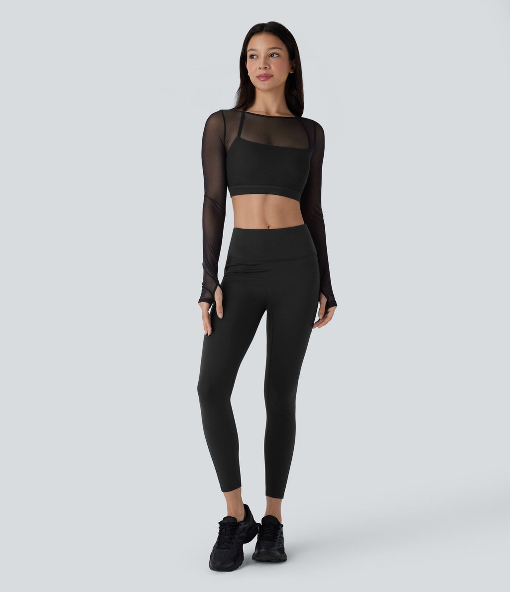 Haut de sport yoga crop top 2-en-1 avec col licou, dos nu, manches longues, passe-pouces et mesh contrastant