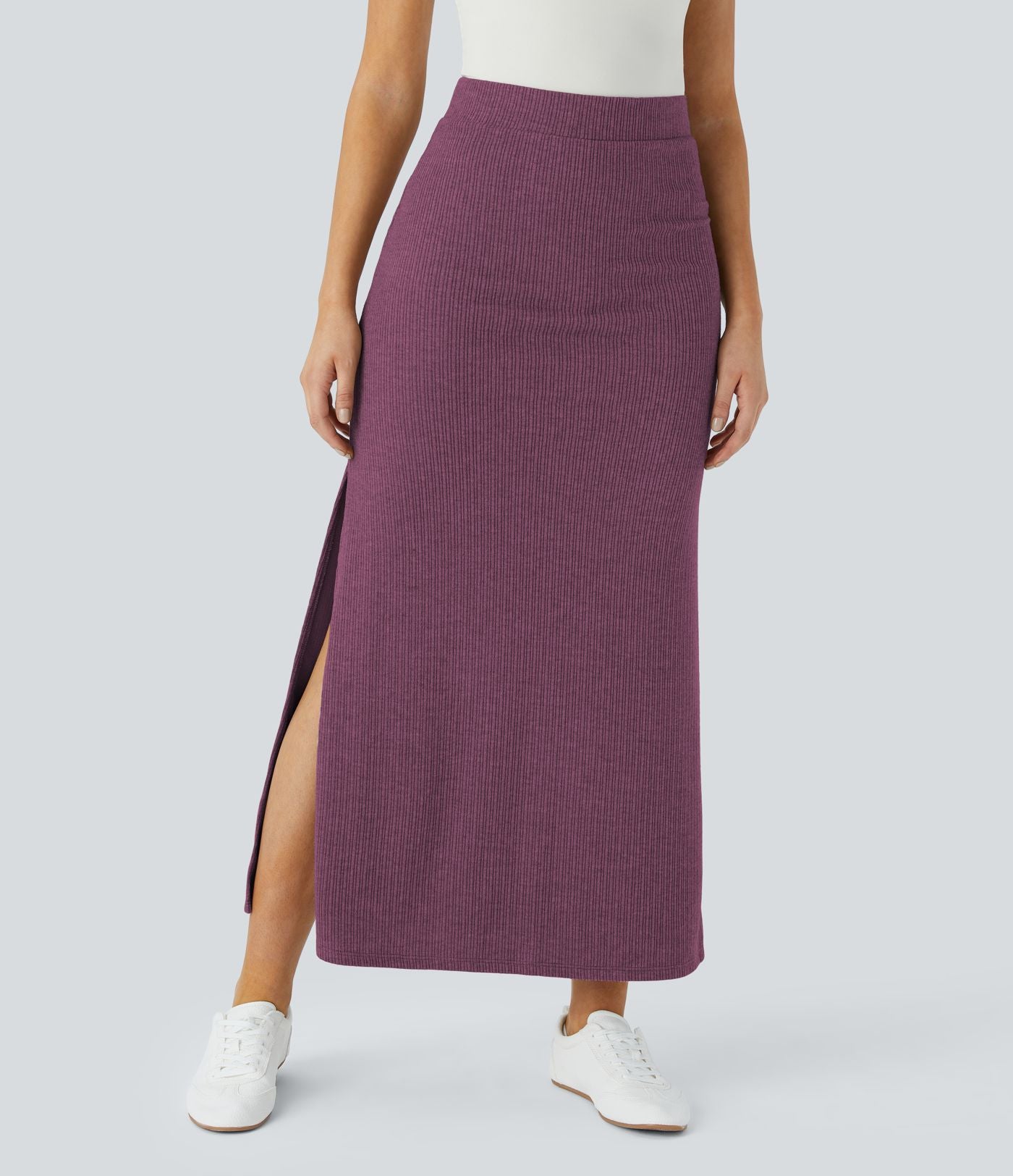 Jupe Casual Maxi à Taille Haute et Ourlet Fendu en A-Line en Côtes