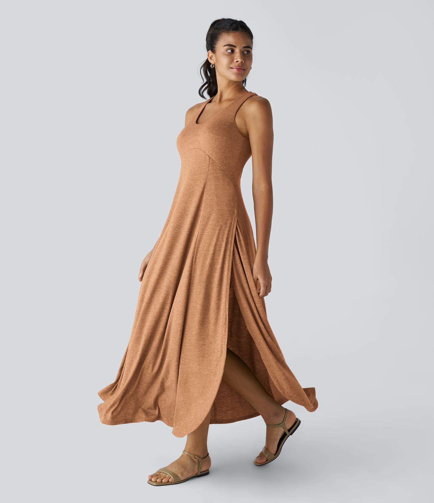 Robe Casual Débardeur Longue Fluide Fendue Dos Nu à Col en U