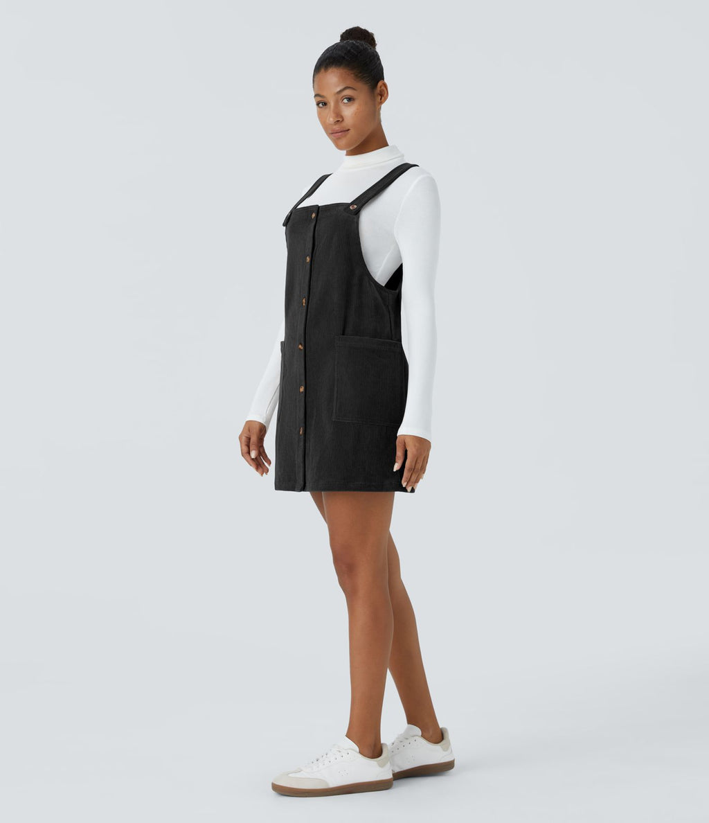 Robe salopette courte décontractée en velours côtelé avec bretelles ajustables, boutons et poches latérales