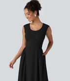 Robe longue casual fluide col U sans manches avec poches
