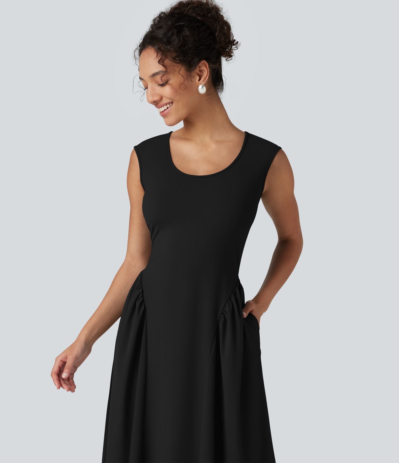 Robe longue casual fluide col U sans manches avec poches