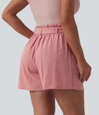 Short décontracté taille haute avec nœud devant aspect lin avec poches