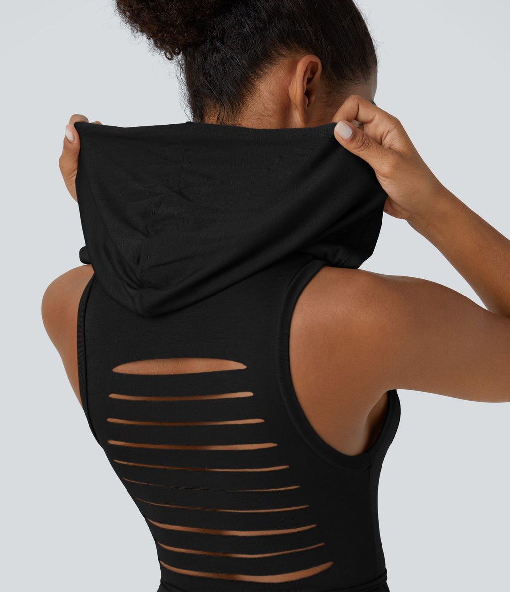 Robe Casual Midi 2 Pièces Capuche Col Montant Sans Manches Fendue avec Découpe Dos Nœud Côtelée