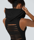 Robe Casual Midi 2 Pièces Capuche Col Montant Sans Manches Fendue avec Découpe Dos Nœud Côtelée
