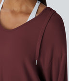 Sweatshirt Casual à Capuche Encolure en V Cordon de Serrage Trou pour le Pouce Fente et Coupe Longue