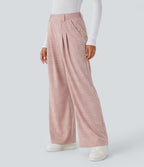 Pantalon taille haute décontracté large à carreaux, avec poches