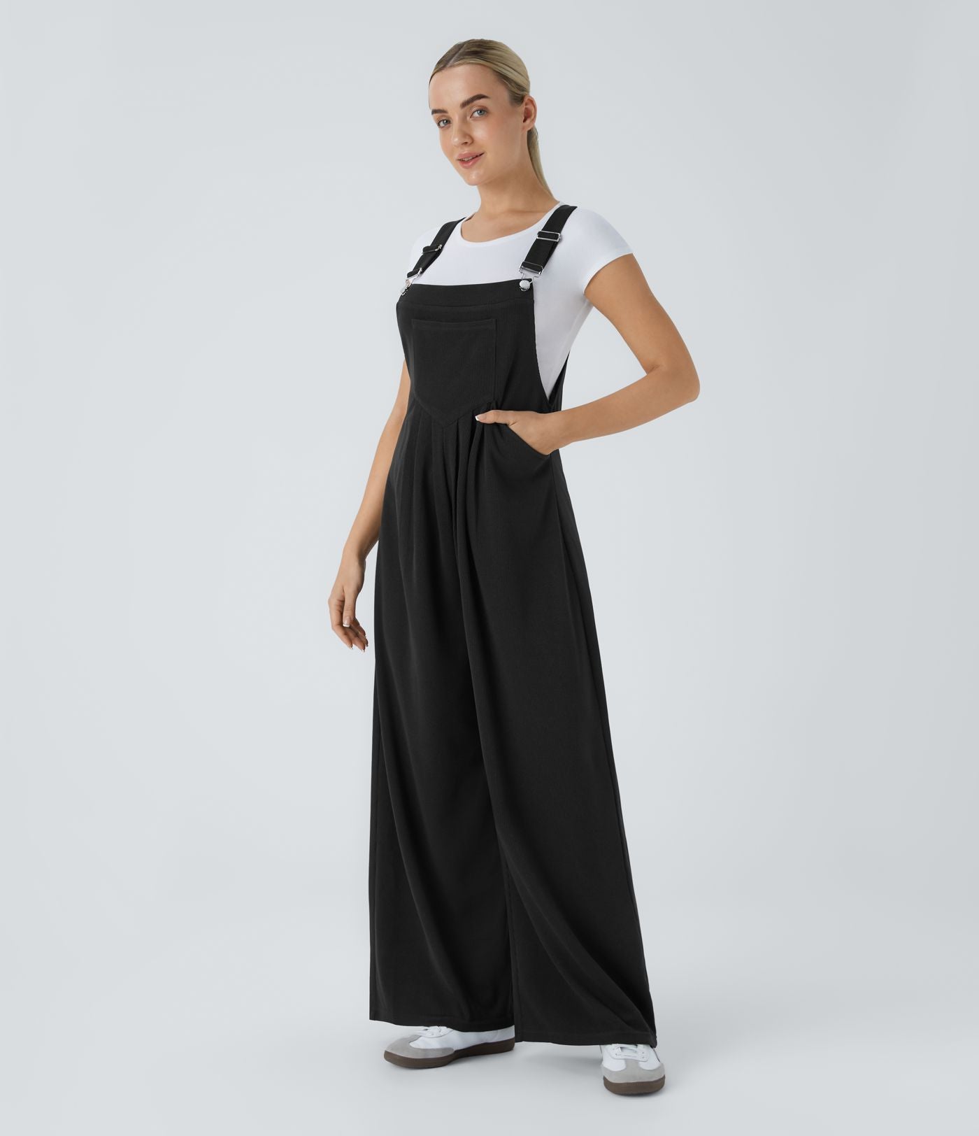 Salopette Casual à Bretelles Ajustables en Tricot Côtelé avec Multiples Poches Plissée