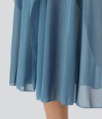 Jupe Casual Évasée Mesh Mi-Longue Fuide 2 en 1 Contrastée Taille Haute Cordon Poche Latérale