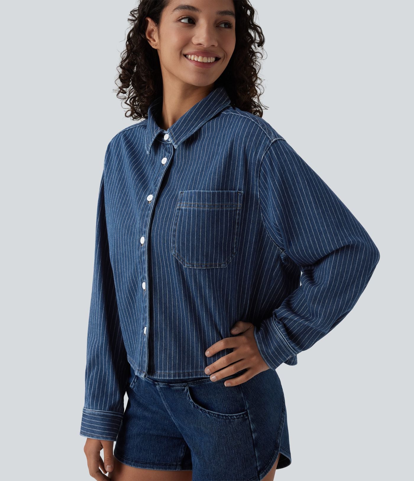 Halara Flex™ Chemise casual rayée en denim à manches longues avec poche