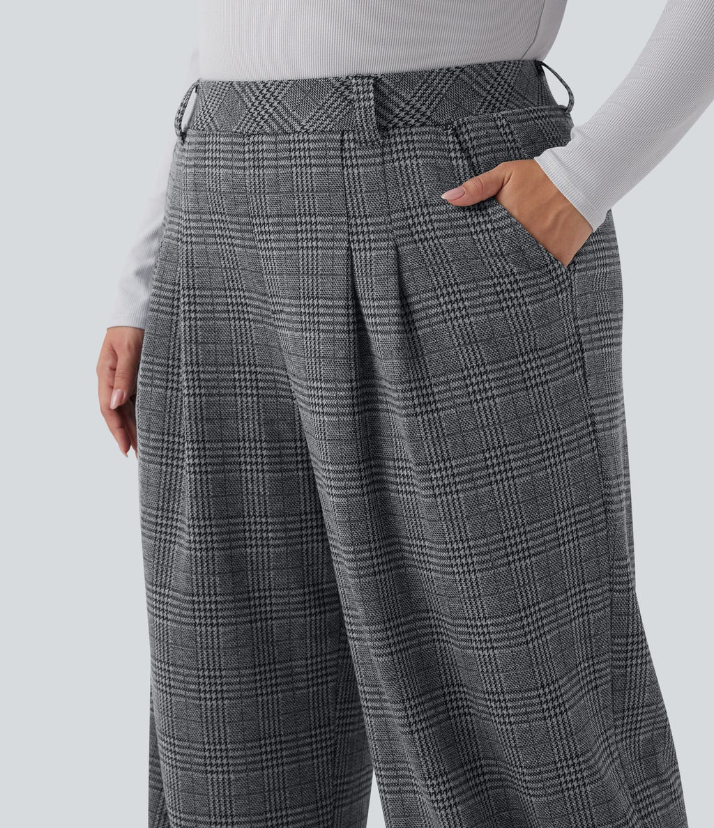 Pantalon décontracté grande taille large taille haute à carreaux pied-de-poule avec poches