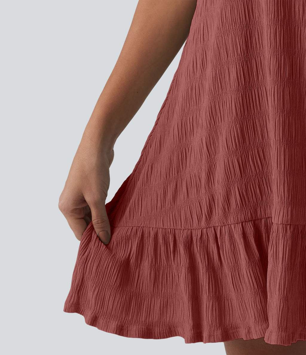 Robe courte décontractée sans manches à col rond, soutien-gorge intégré et ourlet à volants