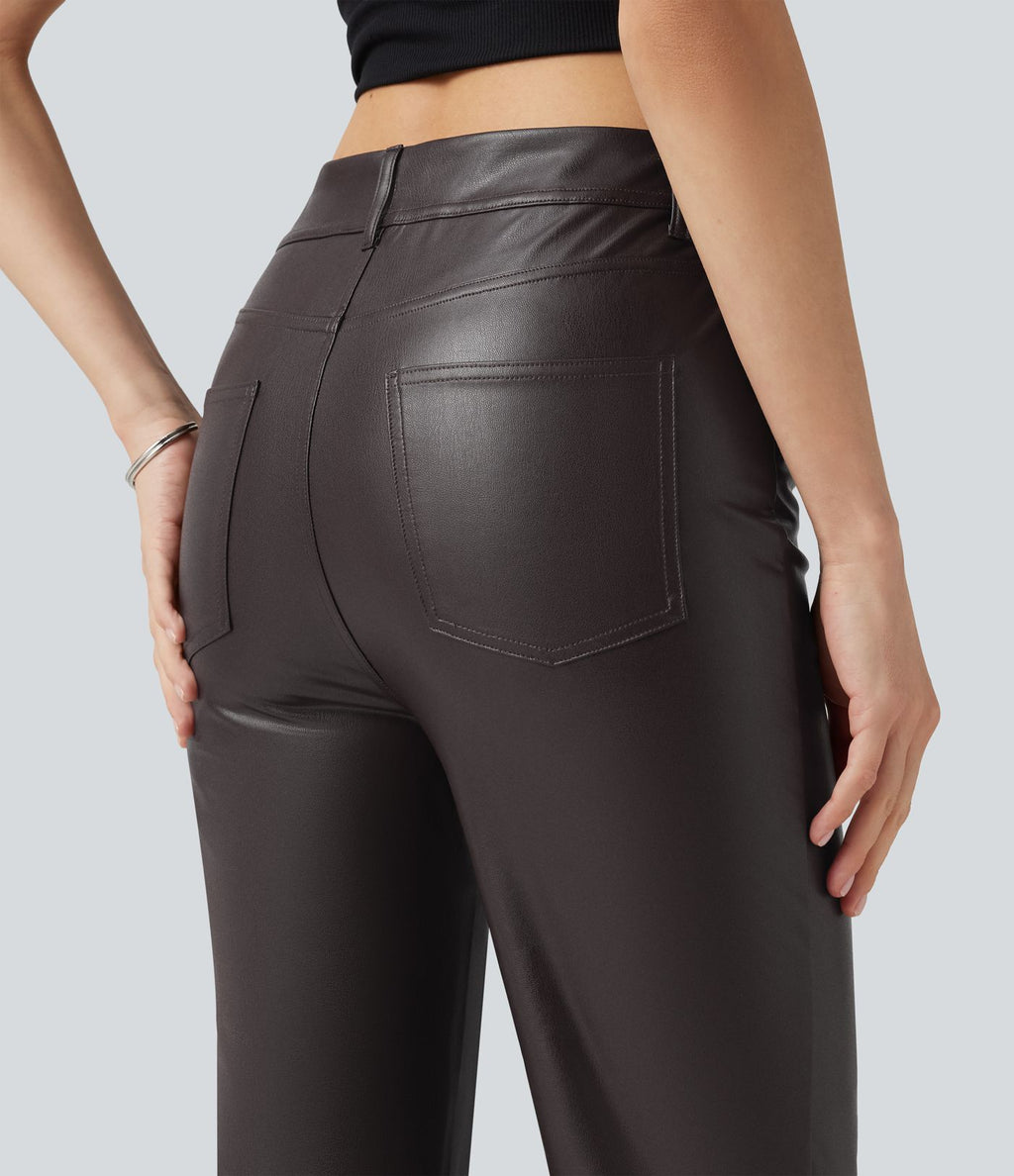Pantalon bootcut taille mi-haute en simili stretch avec poches