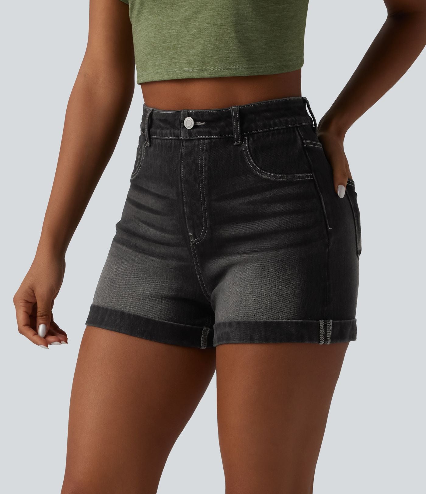 Short denim décontracté Halara Flex™ gainant taille haute ourlet roulotté avec poches