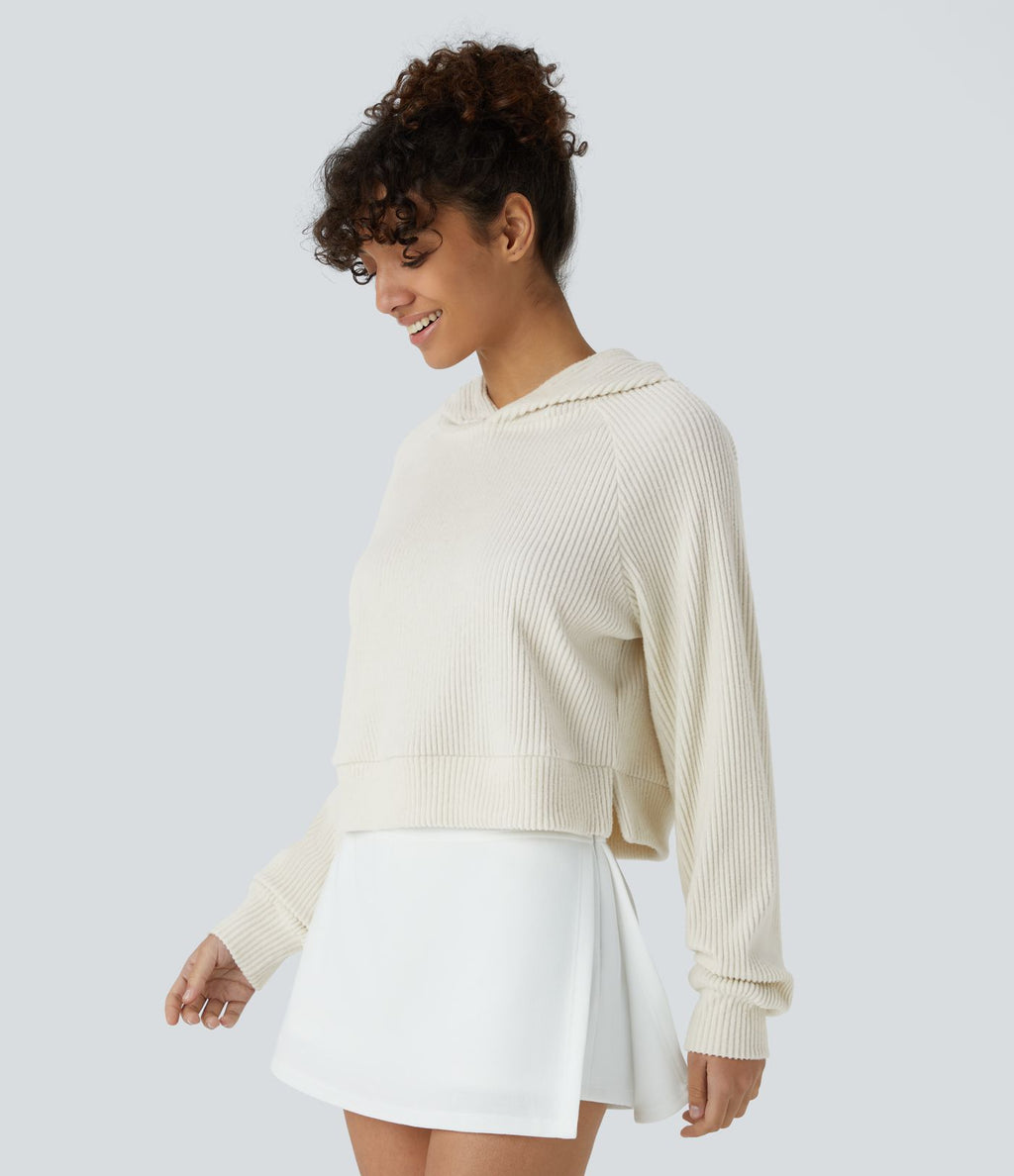 Sweat-shirt décontracté à capuche en maille côtelée avec manches longues et fente