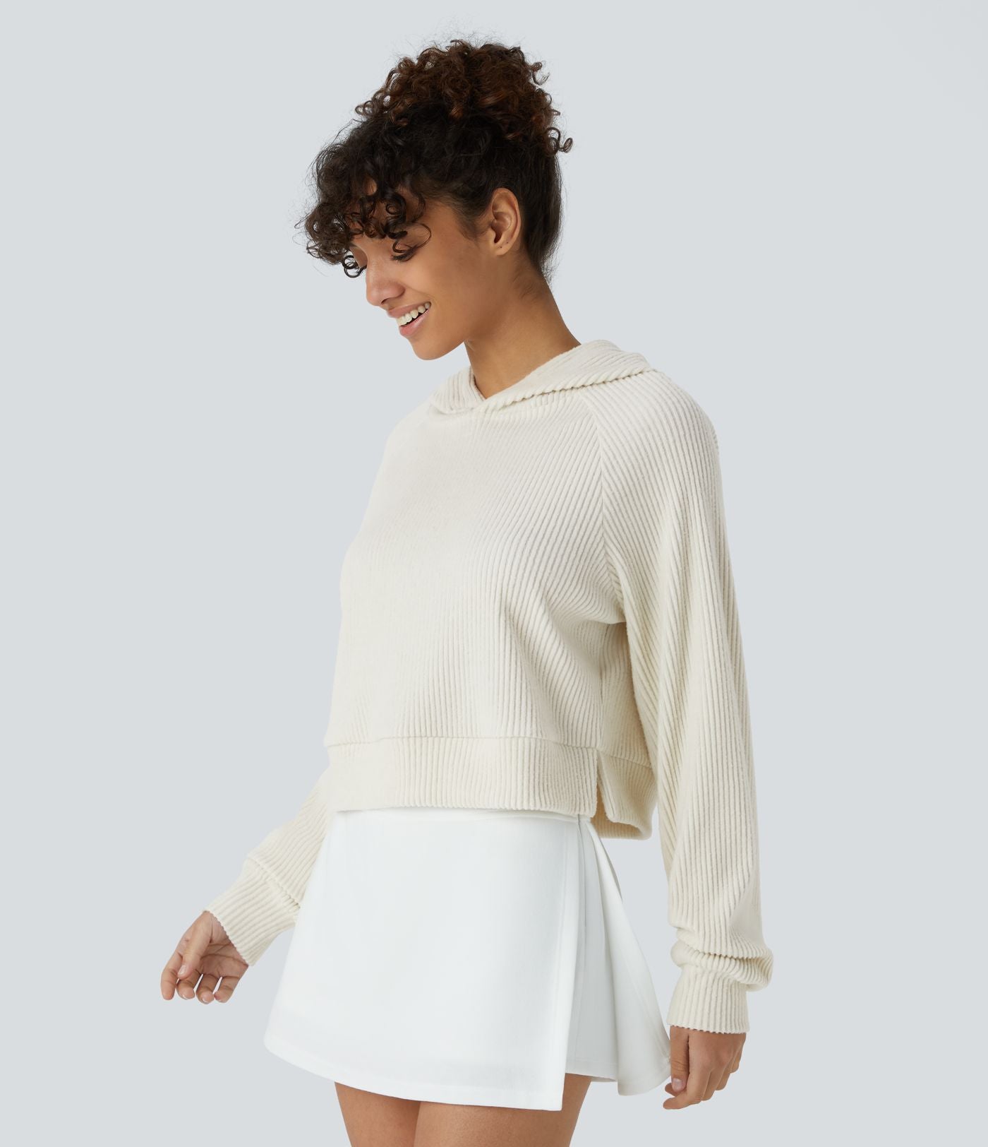 Sweat-shirt décontracté à capuche en maille côtelée avec manches longues et fente