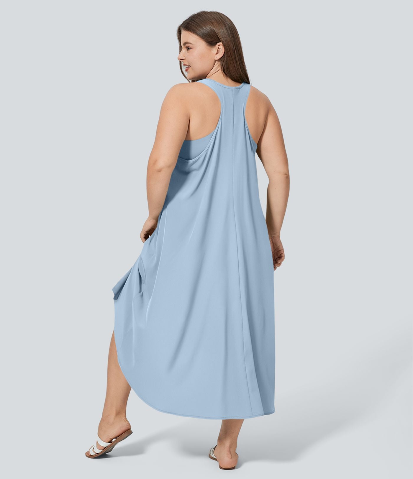 Breezeful™ Dos Nu Racerback Poche Latérale Haut Bas Fluide Midi Séchage Rapide Décontracté Robe Grande Taille