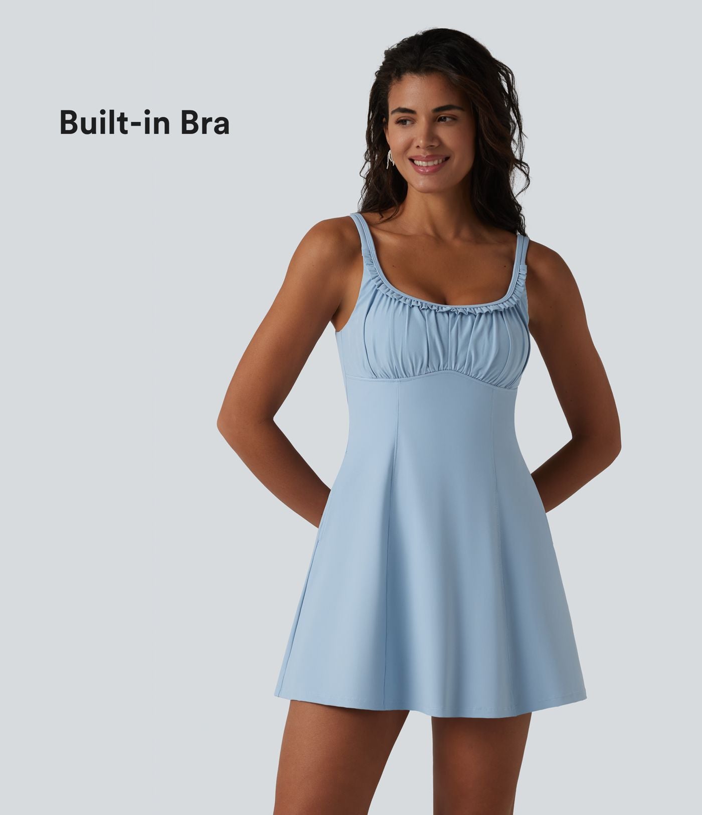 Robe mini casual sans manches à col U, volants, fronces et soutien-gorge intégré avec poches
