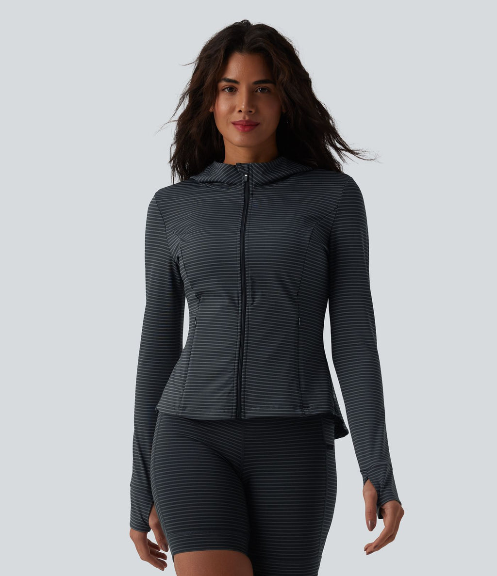 Veste de yoga à capuche manches longues avec trous pour pouces et rayures avec poches