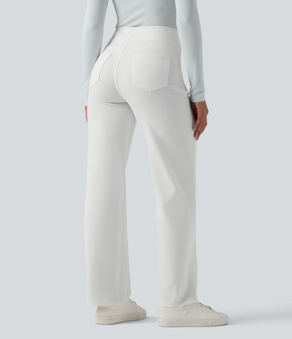Jean décontracté Halara Flex™ taille haute, extensible, délavé, jambes droites avec poches multiples