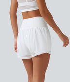 Short de yoga 2-en-1 SoftlyZero™ QuickDry taille haute croisée avec broderie anglaise et poches, 7,5 cm