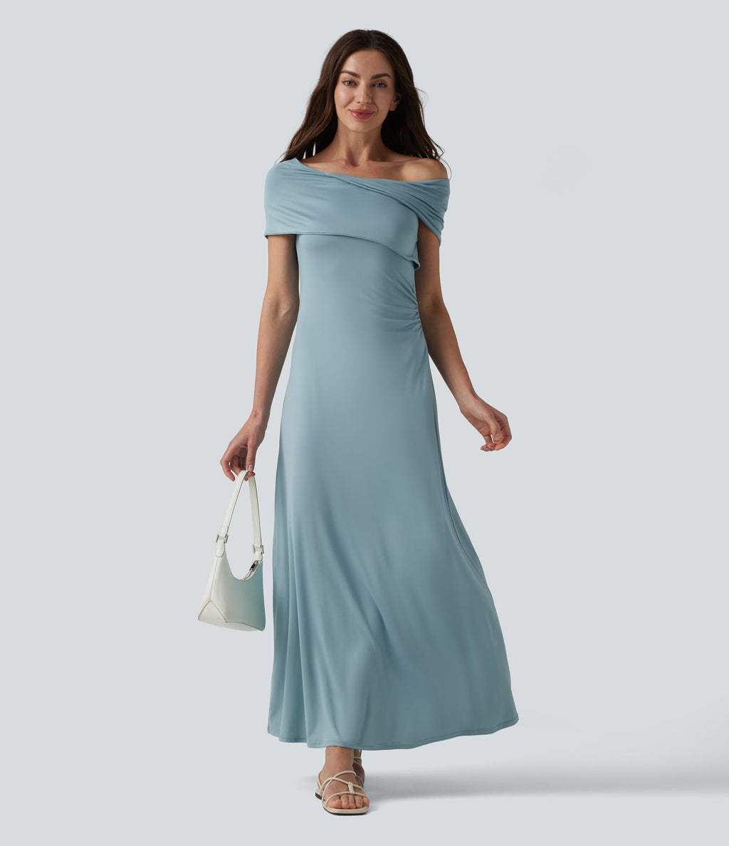 Robe casual maxi froncée à épaules dénudées avec lien noué dans le dos