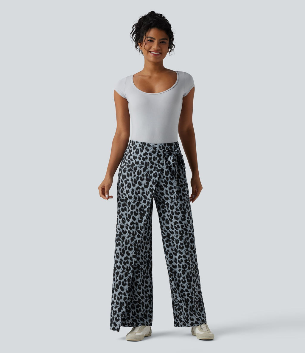 Pantalon tailleur large taille haute imprimé léopard avec liens latéraux