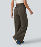 Pantalon flare taille haute effet lin avec poches
