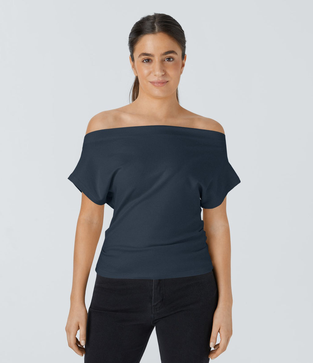 Top Casual Épaules Dénudées Manches Courtes Ruchées