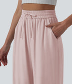 Pantalon casual large fluide mélange lin taille haute avec cordon de serrage et poches
