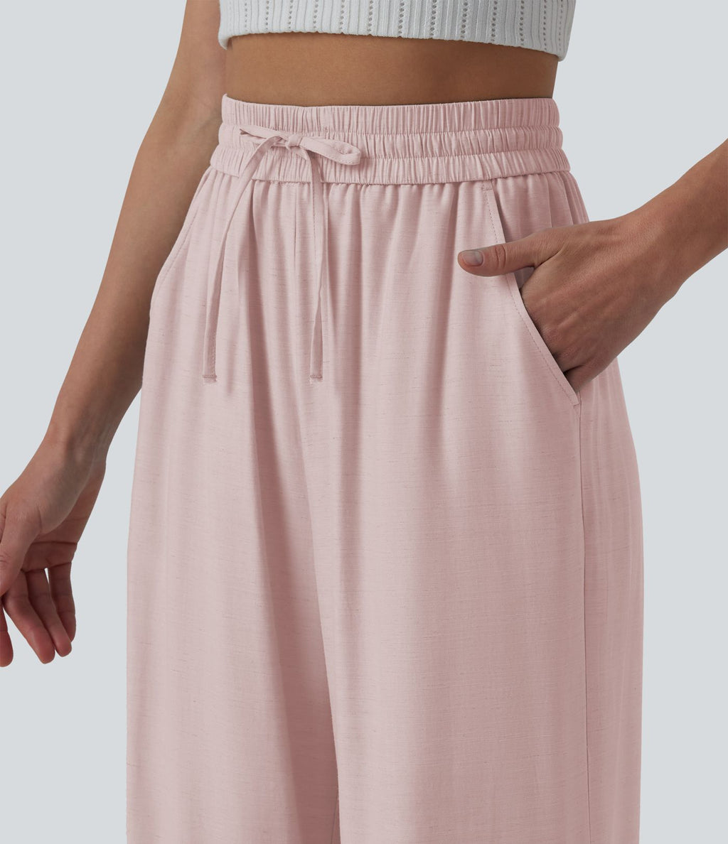 Pantalon casual large mélange lin taille haute avec cordon de serrage et poches